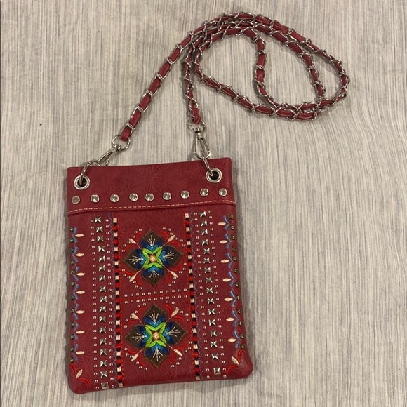 Embroidered Red Crossbody Bag - chain accented strap - rhinestone embellishments - Picture 1 of 3